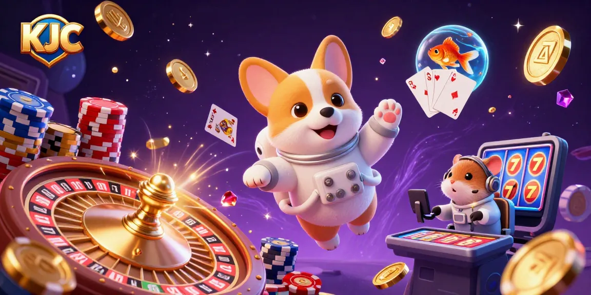 Experience thrilling gameplay with KJC in a vibrant casino scene featuring floating poker chips and golden coins.