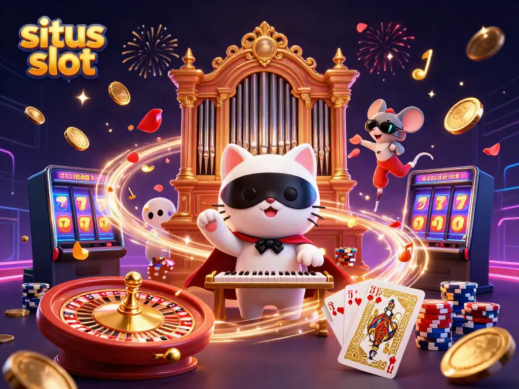 Menggairahkan permainan situs slot dengan karakter kucing putih berpenampilan anggun dan mouse akrobat bersinar di tengah harta karun koin emas.