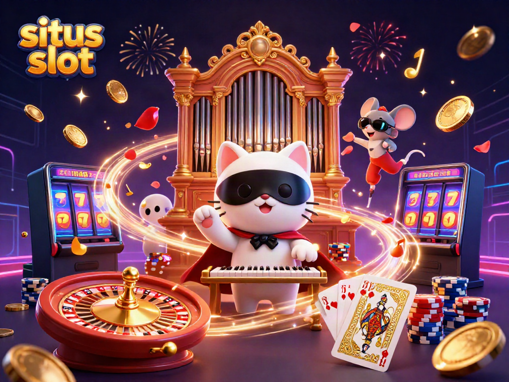 Menggairahkan permainan situs slot dengan karakter kucing putih berpenampilan anggun dan mouse akrobat bersinar di tengah harta karun koin emas.