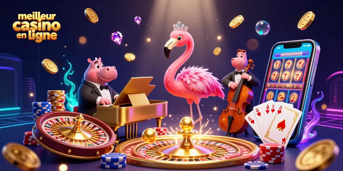 Découvrez le meilleur casino en ligne avec une scène dynamique de chanteuse flamant et hippopotame bassiste, créant une ambiance festive.