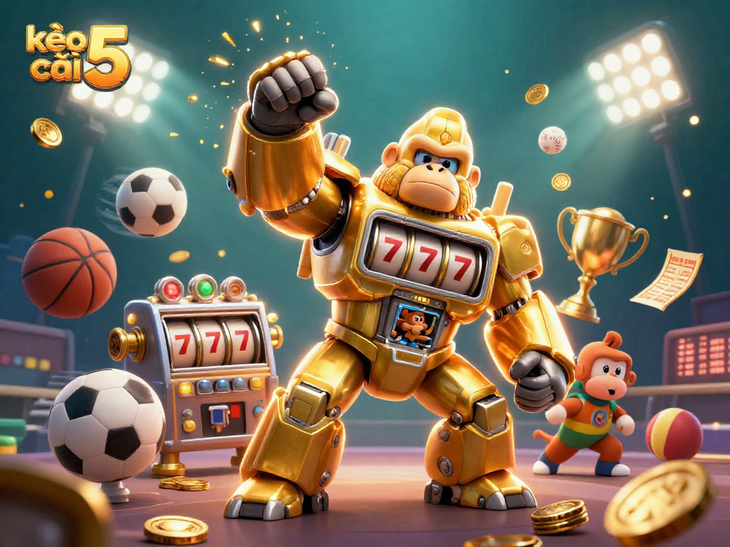 Experience the excitement of kèo nhà cái 5 with dynamic 3D casino illustration featuring a golden gorilla mech and sports elements.