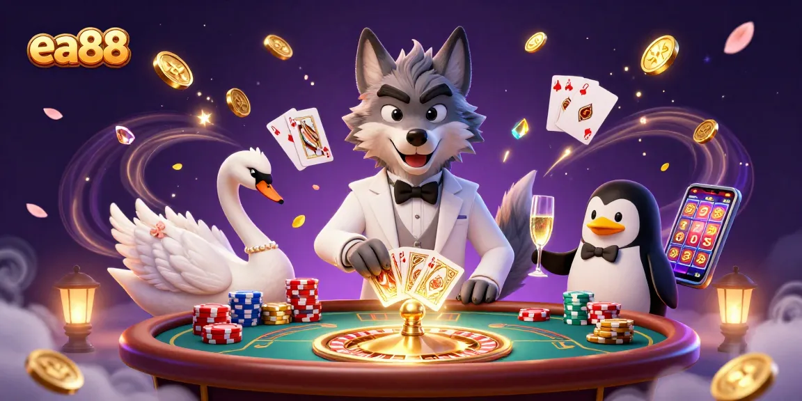 Experience thrilling gaming at ea88 with a debonair wolf, elegant swan, and penguin sommelier amidst opulent casino elements.