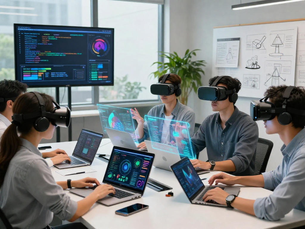 Collaboration on AI projects for adults 18+, showcasing innovative tech in a modern office.