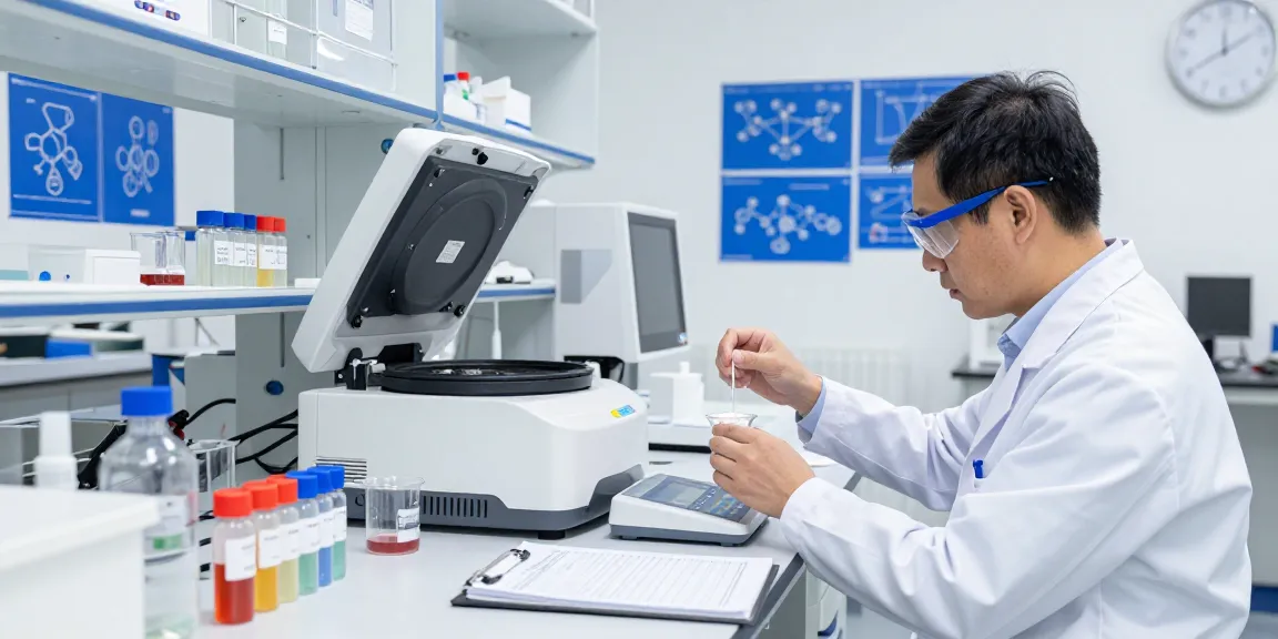 Peptides Canada research laboratory with scientist measuring peptide powders in a modern lab setting.