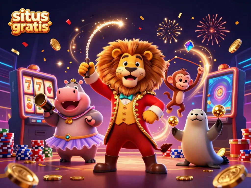 Experience high-energy gaming with situs slot gratis featuring vibrant 3D circus characters and slot elements.