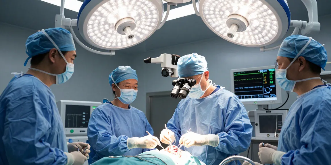 Beyin ameliyatı performed by skilled neuro-surgeon in a high-tech operating room with advanced equipment and medical team.