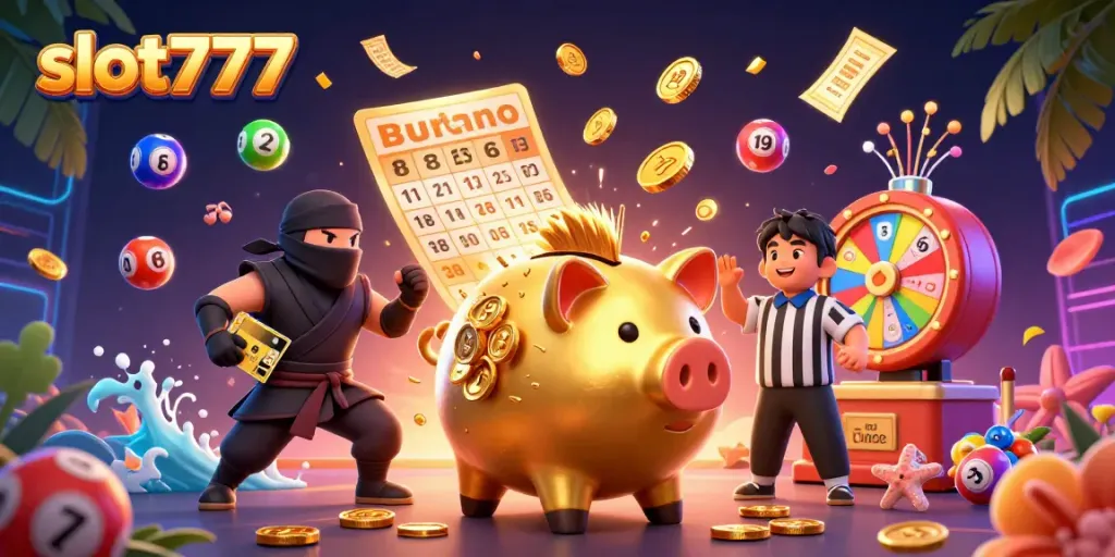 Mengguncang kemenangan dengan slot777, ilustrasi lucu piggy bank sumo dan ninja dalam suasana kasino.