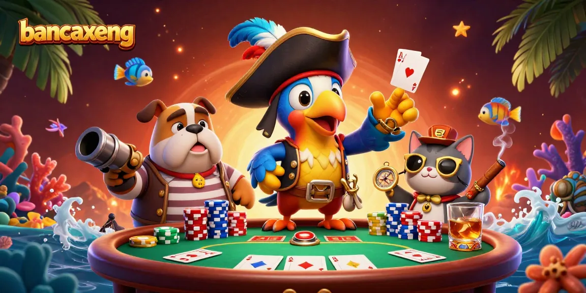 bancaxeng fish shooting game scene with a pirate captain, bulldog first mate, and cat navigator