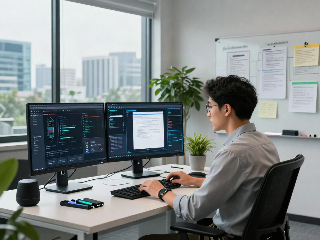 Dynamic workspace illustrating a document fraud detection solution in action with monitors and an engaged analyst.