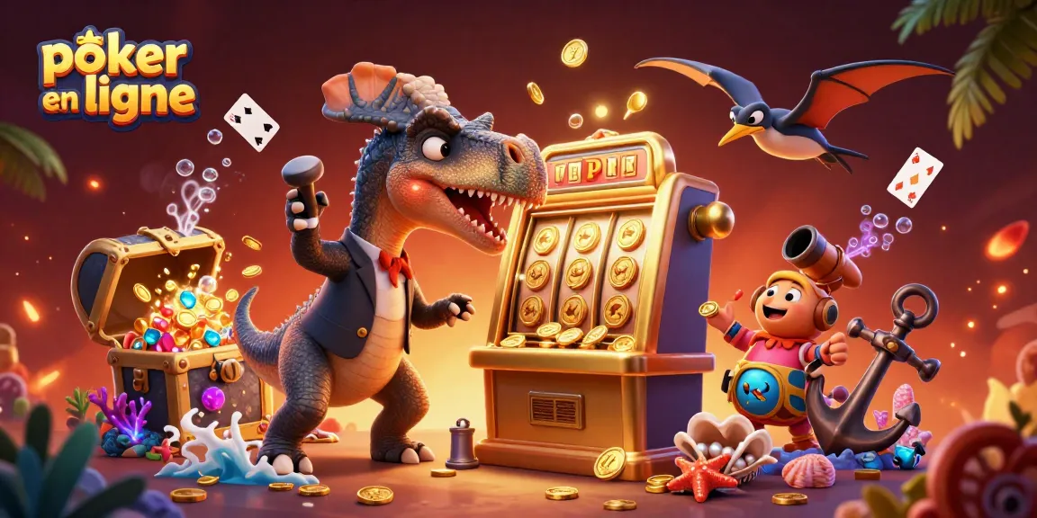 Découvrez le poker en ligne avec une illustration dynamique de personnages de dinosaure dans un casino coloré.