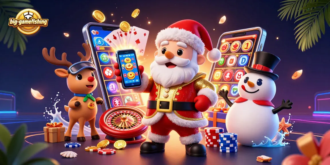 Experience big-gamefishing excitement with Santa, slots, and casino fun in a vibrant 3D scene.