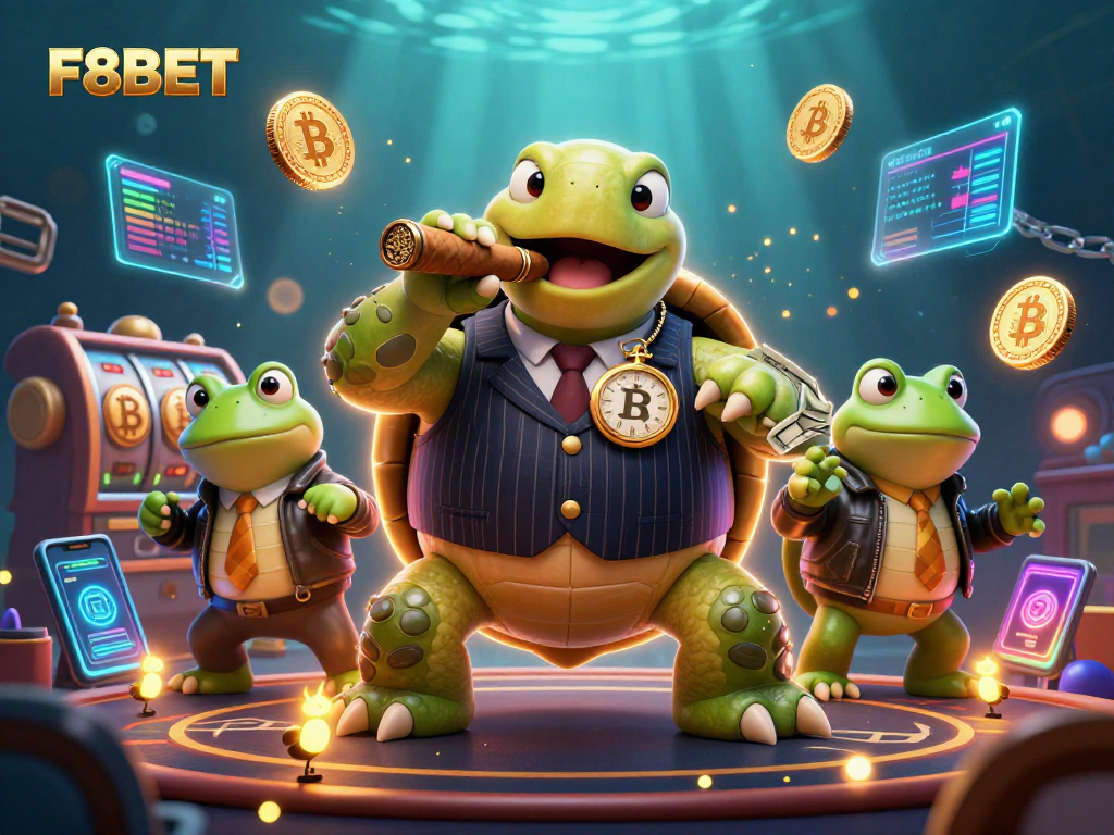 Experience F8BET action with cartoon characters in a lively casino scene filled with vibrant gaming elements.