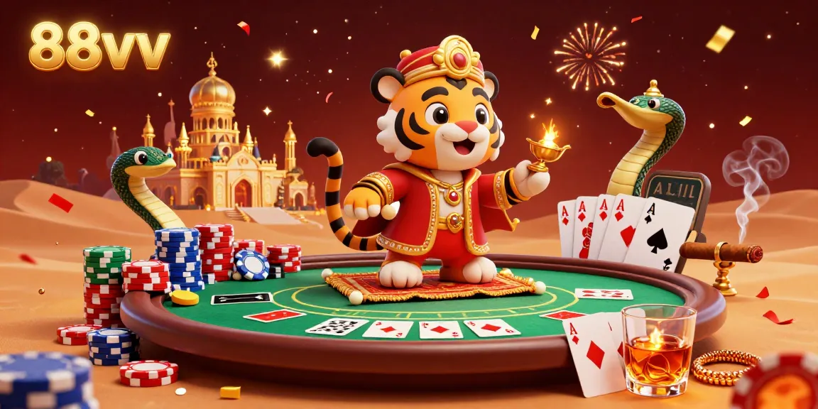 Experience exciting casino adventures with 88vv's vibrant 3D illustration featuring a tiger sultan.
