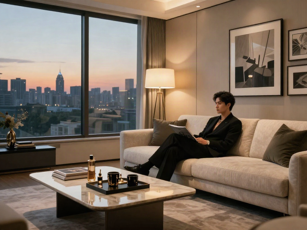 Gaya hidup mewah luxury111 dengan sosok santai di ruang tamu modern.
