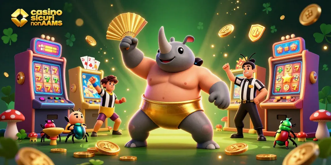 Illustrazione di un casino sicuri non AAMS con un rinoceronte sumo che fa volare monete dorate.