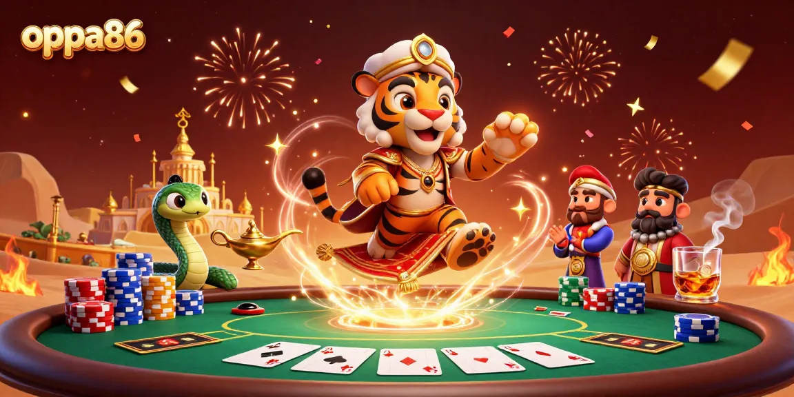 Experience the thrill of oppa86 with a vibrant casino-themed 3D illustration featuring exciting poker elements.