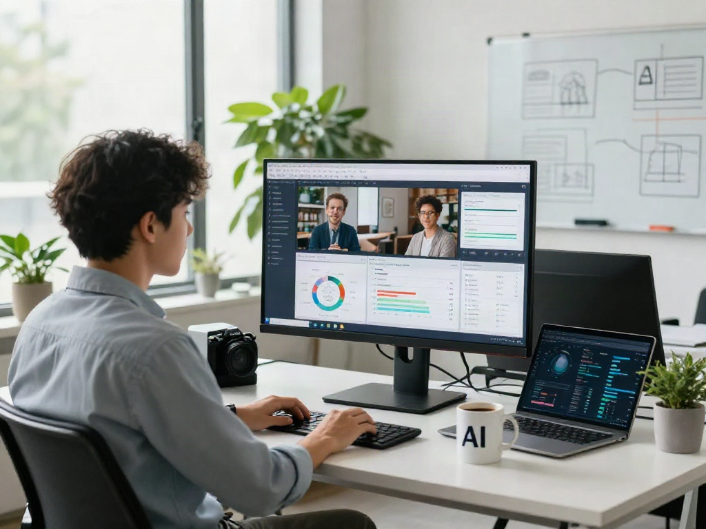 AI Image Detector workspace with analyst reviewing AI-generated images and analytics in modern office.