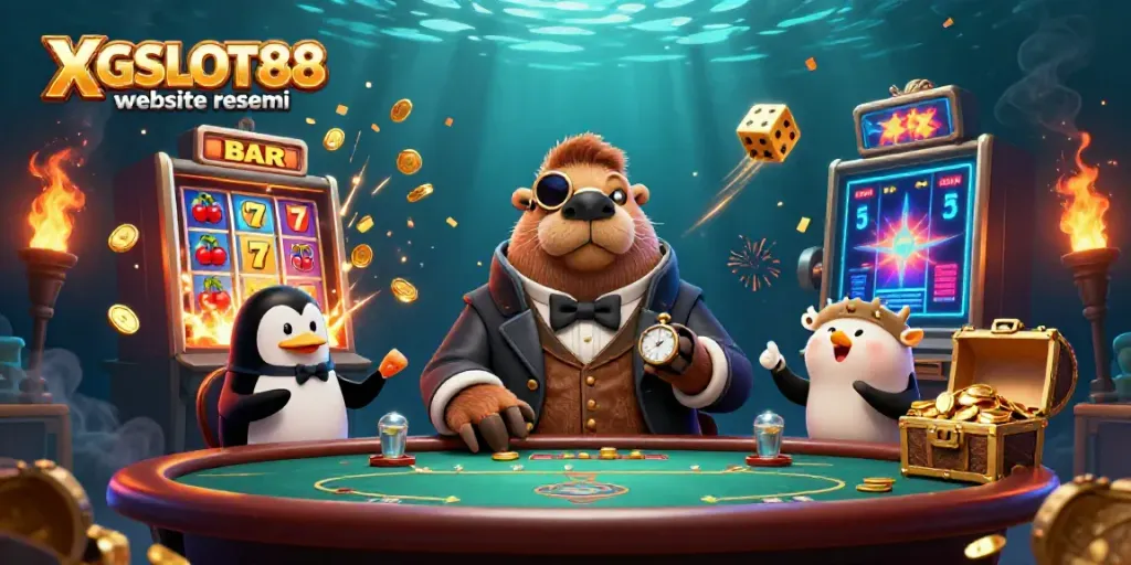 Gali kemenangan di XGSLOT88 website resmi dengan walrus dan dealer beruang kutub bermain poker bawah laut.