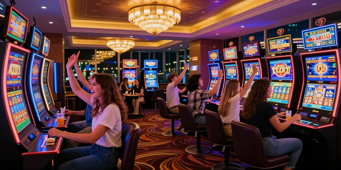 Joyous group celebrating a slot gacor jackpot win in a vibrant casino setting.