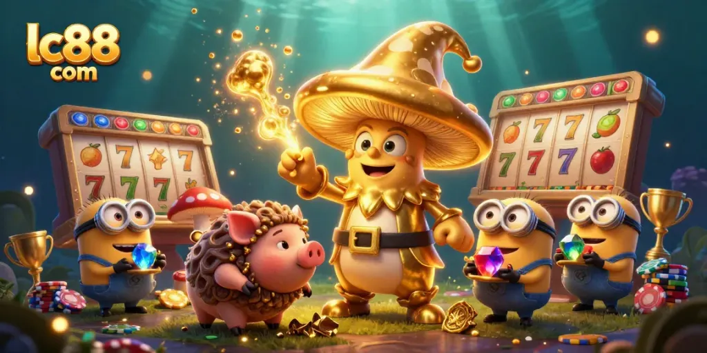 Experience thrilling magic at lc88 com with a golden wizard channeling wealth in a rich casino atmosphere.
