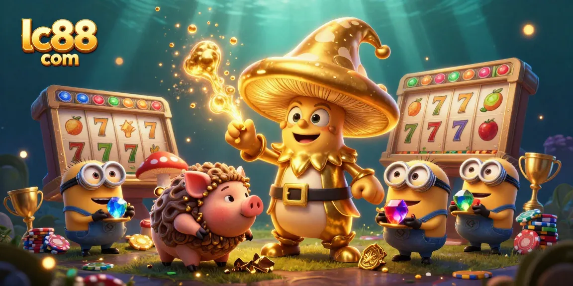 Experience thrilling magic at lc88 com with a golden wizard channeling wealth in a rich casino atmosphere.