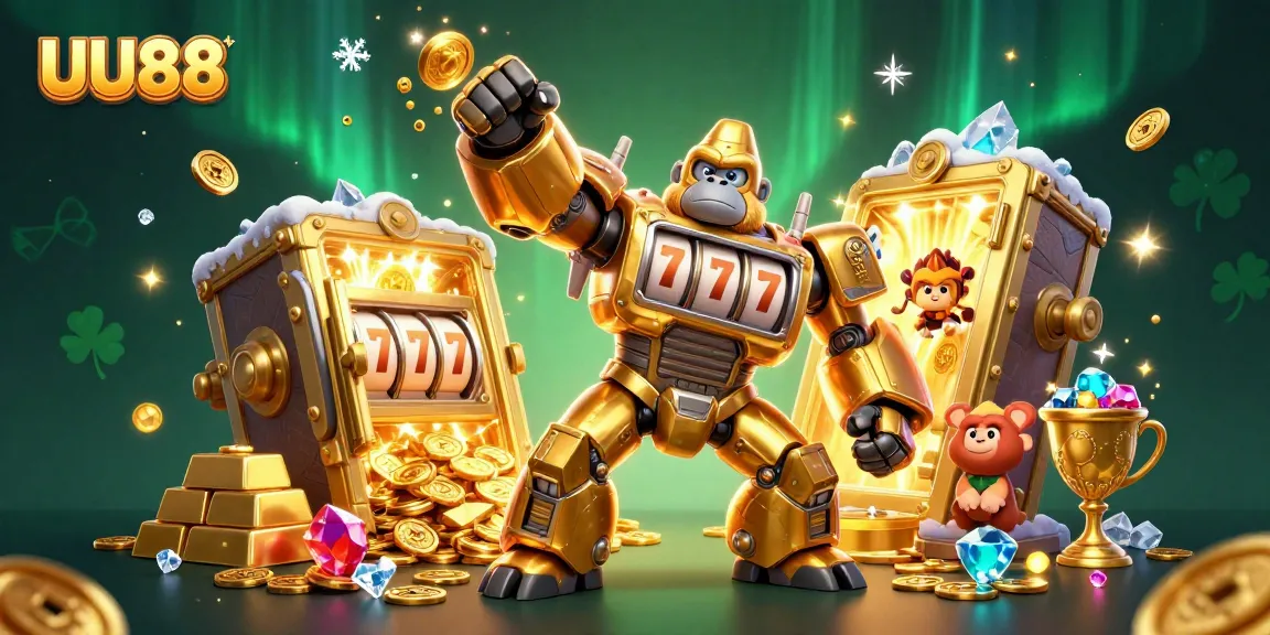 UU88's immersive gaming experience featuring a golden gorilla mech and treasure elements.