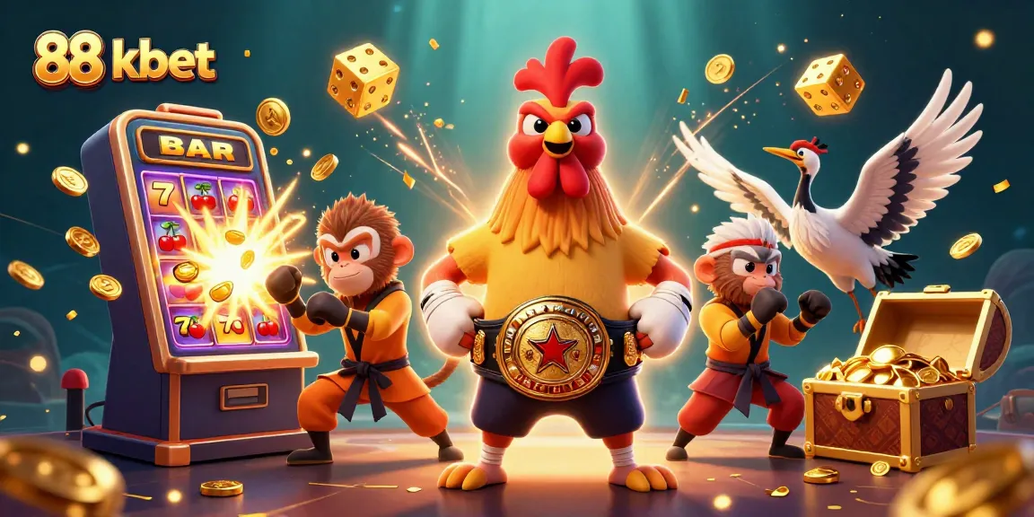 Win big with 88 kbet in this dynamic casino-themed scene featuring a Muay Thai rooster and more.