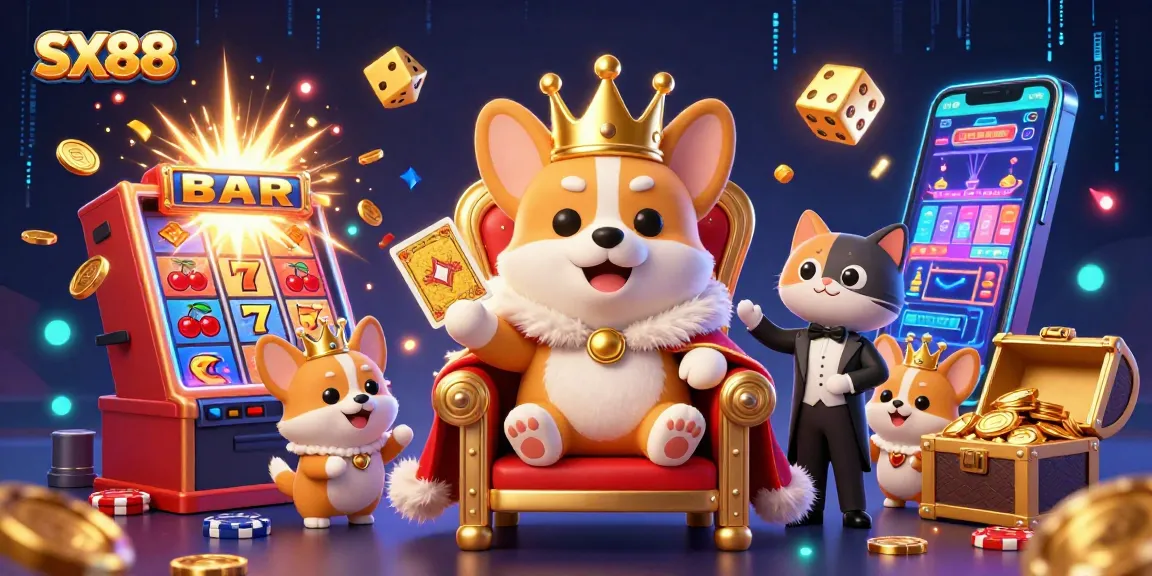 SX88 presents a lavish 3D scene featuring a royal corgi, cat butler, and dynamic slots, enriching the gaming experience.