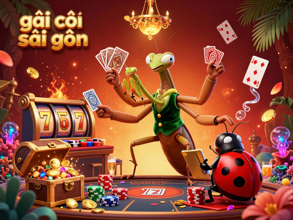 Engage with the vibrant scene of gái gọi sài gòn featuring a card sharp mantis and ladybug pit boss in a bustling casino.