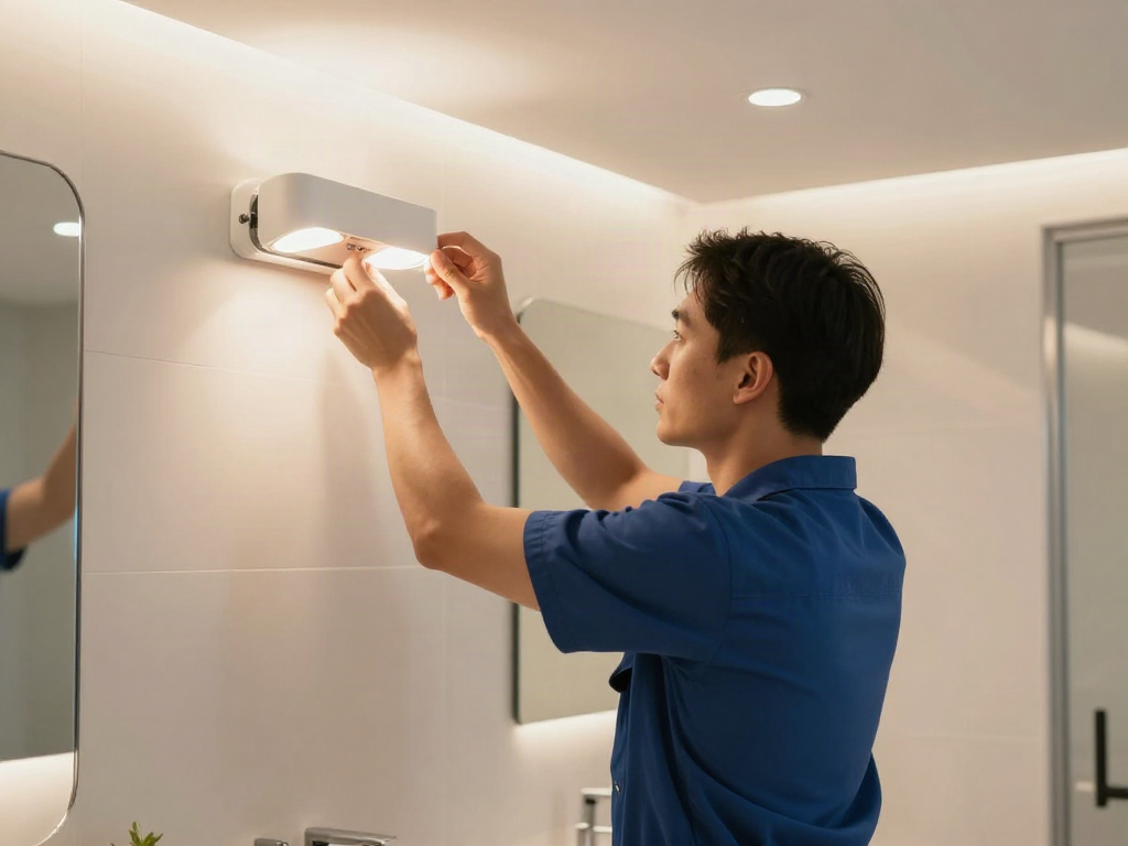 Aplica LED baie montată de un electrician profesionist, evidențiind servicii locale de iluminat de încredere.