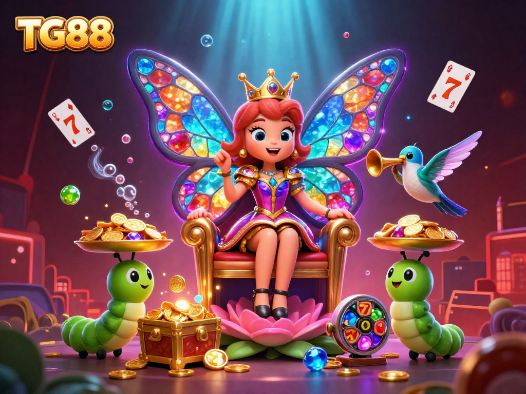 Join the excitement at TG88 with a vibrant 3D casino scene featuring slots, chips, and captivating characters.