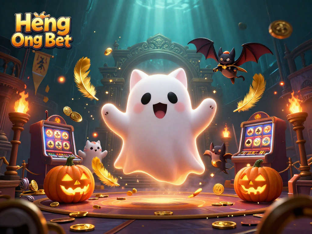 Experience exciting gaming with Heng Ong Bet, featuring a ghost cat and vibrant casino elements.