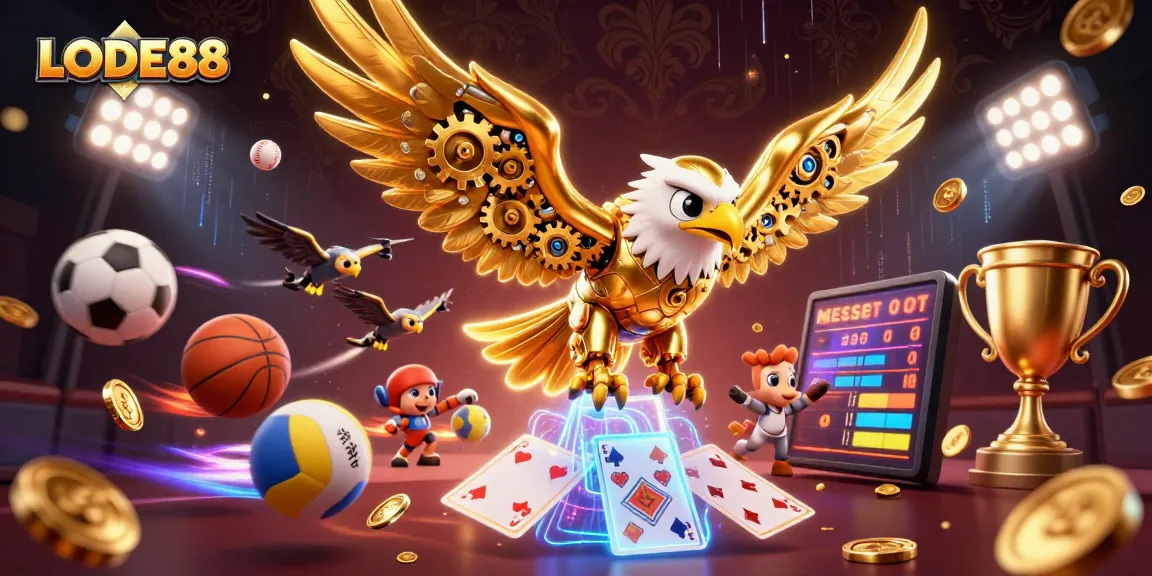 Engage with LODE88's thrilling gaming adventure featuring a golden eagle amidst dynamic sports betting elements.