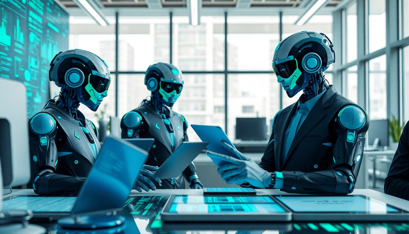 AI agents actively managing tasks with technology in a modern workspace.