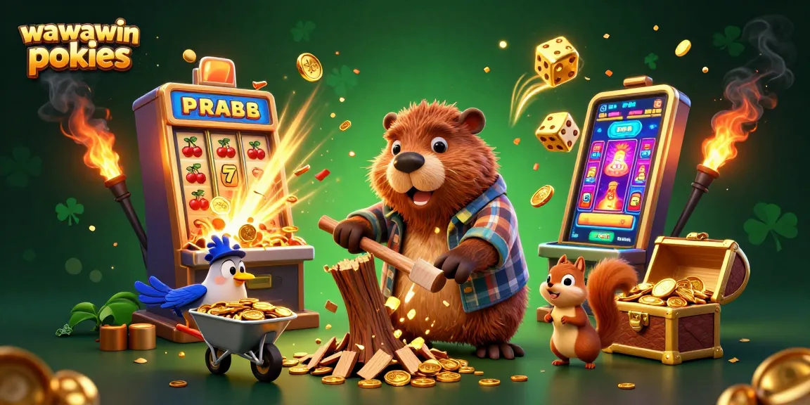 Experience thrilling wawawin pokies in a vibrant 3D casino scene with cartoon characters collecting gold.