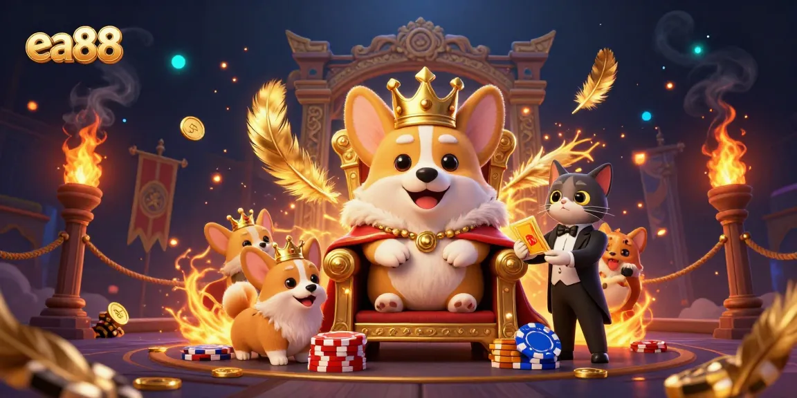 Experience big wins at ea88 with a regal corgi atop a poker chip throne amidst vibrant casino elements.