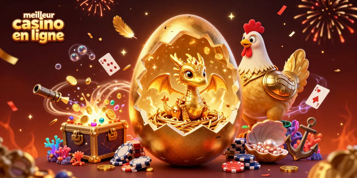 Découvrez le meilleur casino en ligne avec ce dragon doré et des jetons de poker, entouré de joyaux.