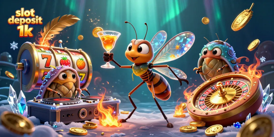 Slot deposit 1k menampilkan maskot kasino dan elemen permainan slot yang menarik dan dinamis.