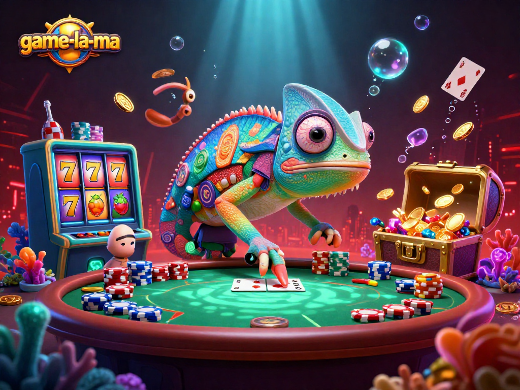 Engage with thrilling action at game-la-ma as a colorful chameleon casino owner captures golden coins amidst a vibrant casino scene.