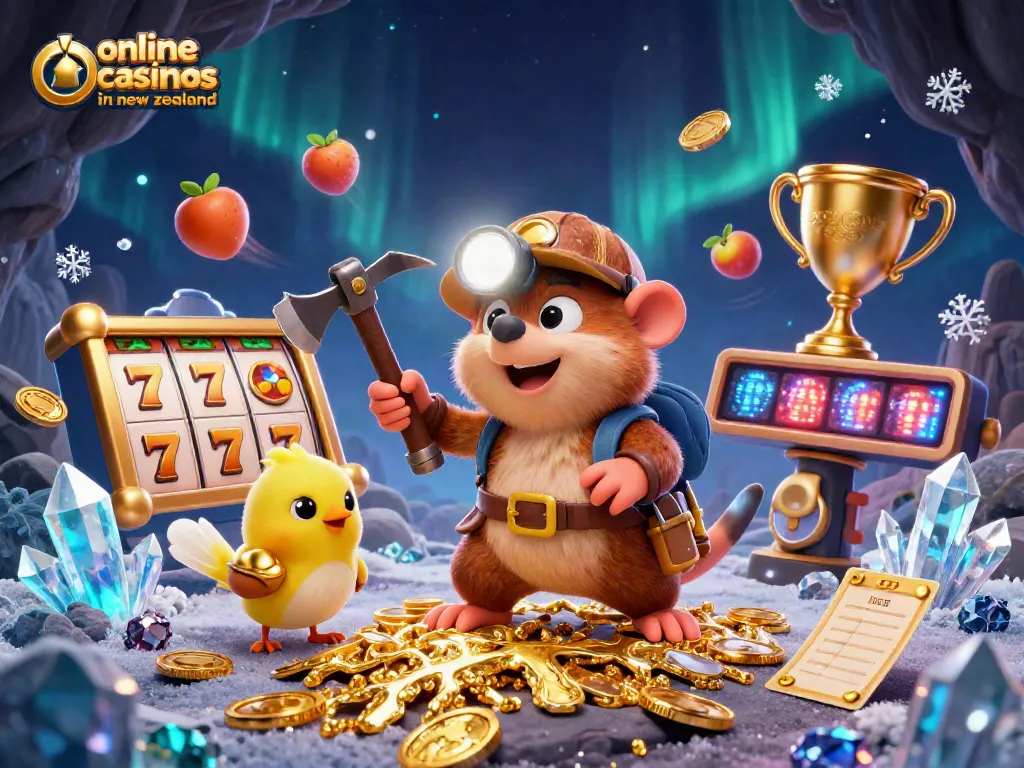 Engage with online casinos in New Zealand featuring a treasure hunter mole uncovering gems and slots.