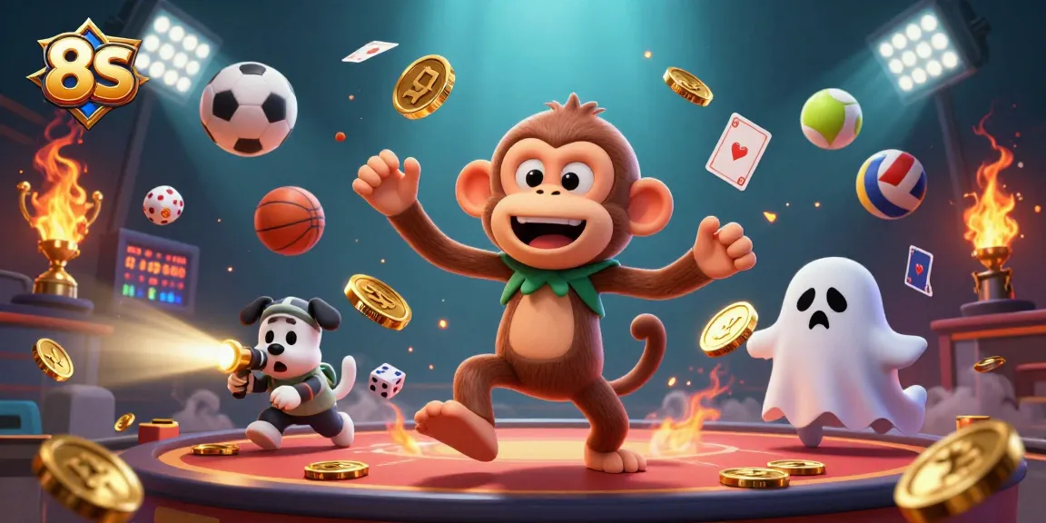 Experience thrilling gameplay at 8S casino with a mischievous monkey and exciting sports elements.