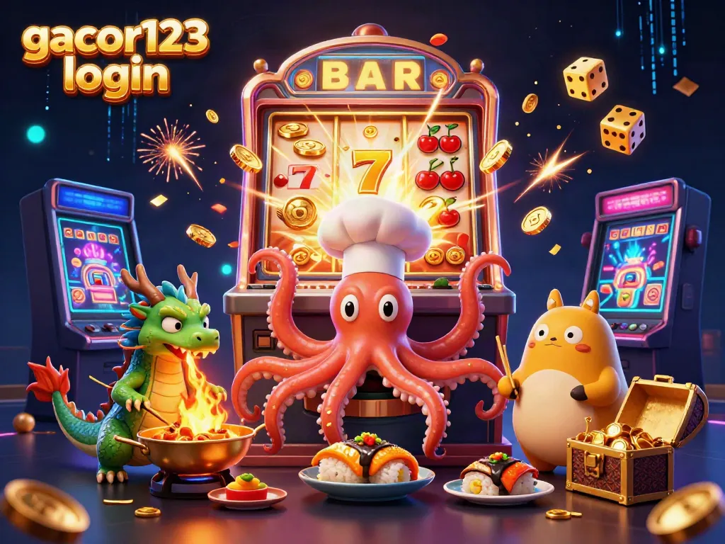 Experience gacor123 login with vibrant gaming elements, featuring a unique octopus chef and dragon in a dynamic casino scene.