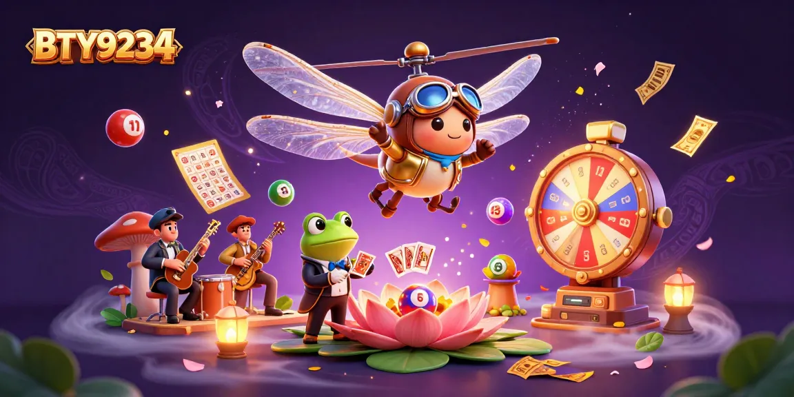Engage with BTY9234 in a vibrant casino scene featuring whimsical characters and dynamic lottery elements.