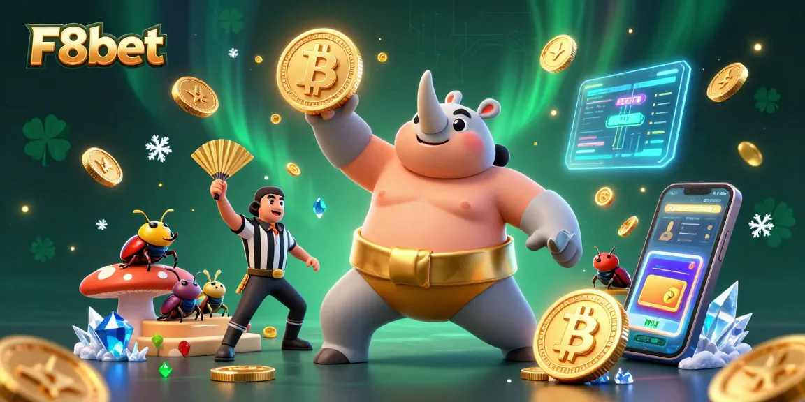 Experience thrilling action at F8bet with a vibrant 3D scene featuring a sumo champion beetle and crypto elements.
