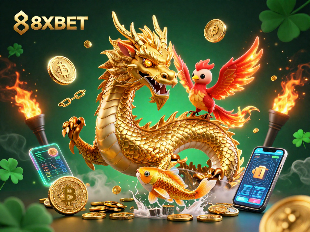 Experience the thrilling excitement of 8XBET with detailed 3D visuals of a dragon, phoenix, and koi fish.