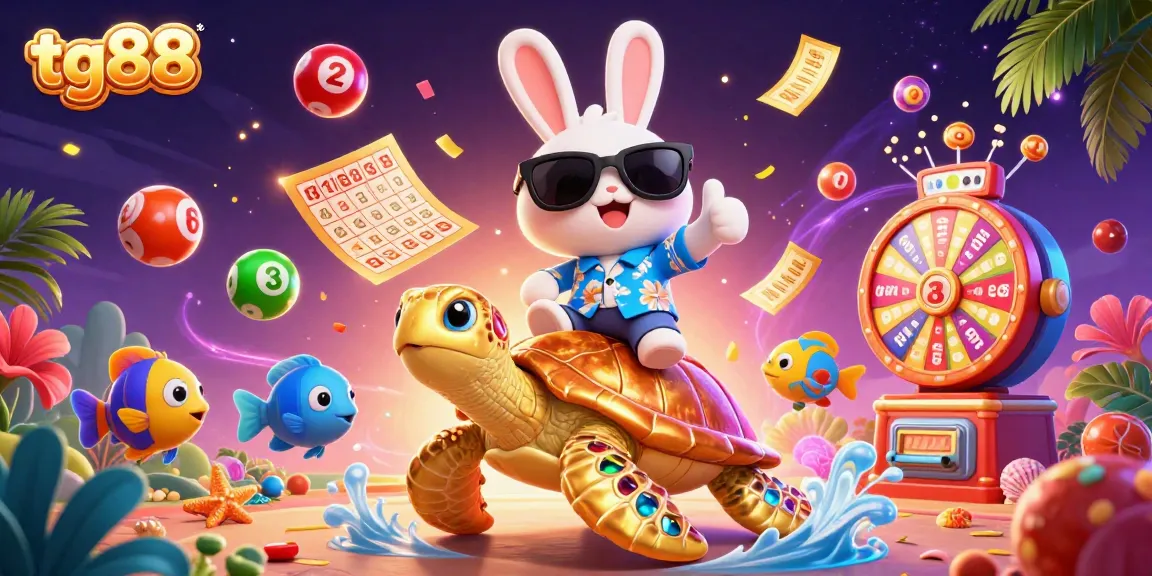 Experience thrilling fun at tg88 with a lucky rabbit and golden turtle in a vibrant casino scene.