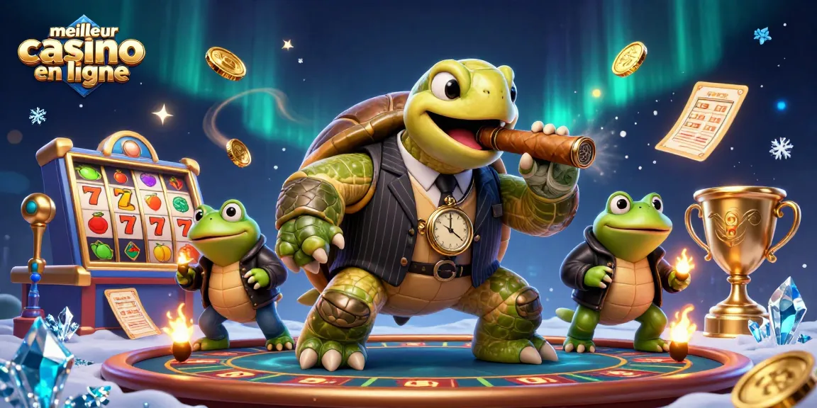 Visuel captivant du meilleur casino en ligne mettant en scène une tortue massive et des grenouilles dans un univers de jeux d'argent.