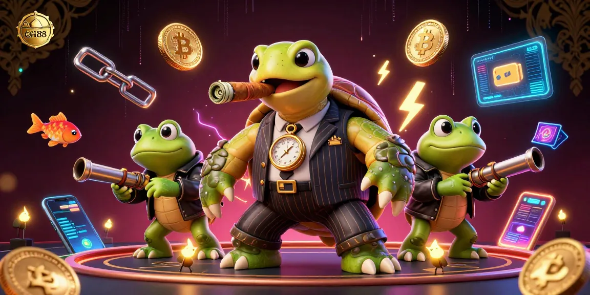 Experience QH88's vibrant fish shooting game with a gripping scene featuring a turtle in a pinstripe suit and bullfrogs.
