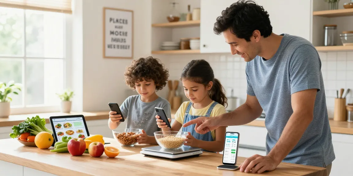 Family using the best AI macro tracker app to prepare healthy meals together in a modern kitchen.