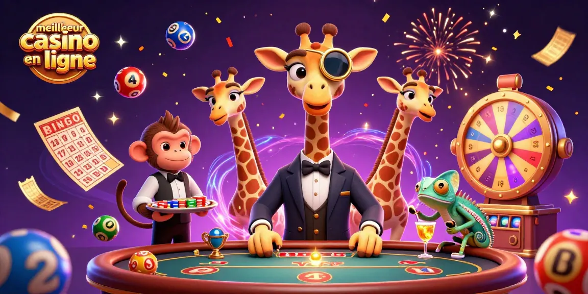 Vivez l'expérience du meilleur casino en ligne avec une illustration dynamique de jeux et de personnages captivants.